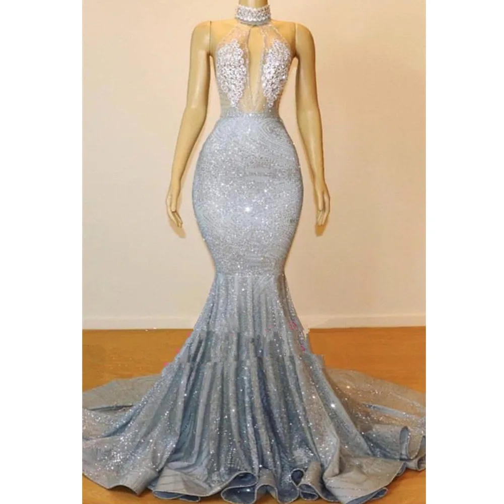 

Gorgeous Sequins Lace Mermaid Prom Dresses 2020 Sexy Open Back Halter Neck Prom Evening Gowns With Train Robe De Soiree