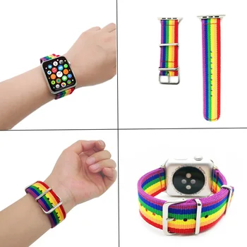 

For Apple Watch Band 42mm 44mm Nylon iWatch 4 Rainbow Band Strap Durable Silver Adapters Metal Buckle for iWatch 38mm 40mm