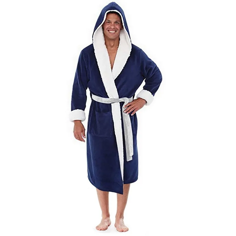 silk sleepwear Universal FashionMen's Long Sleeve Hooded Bathrobe Soft Lounge Wear Housecoat Winter Warm Gown Robe mens pjs set Men's Sleep & Lounge