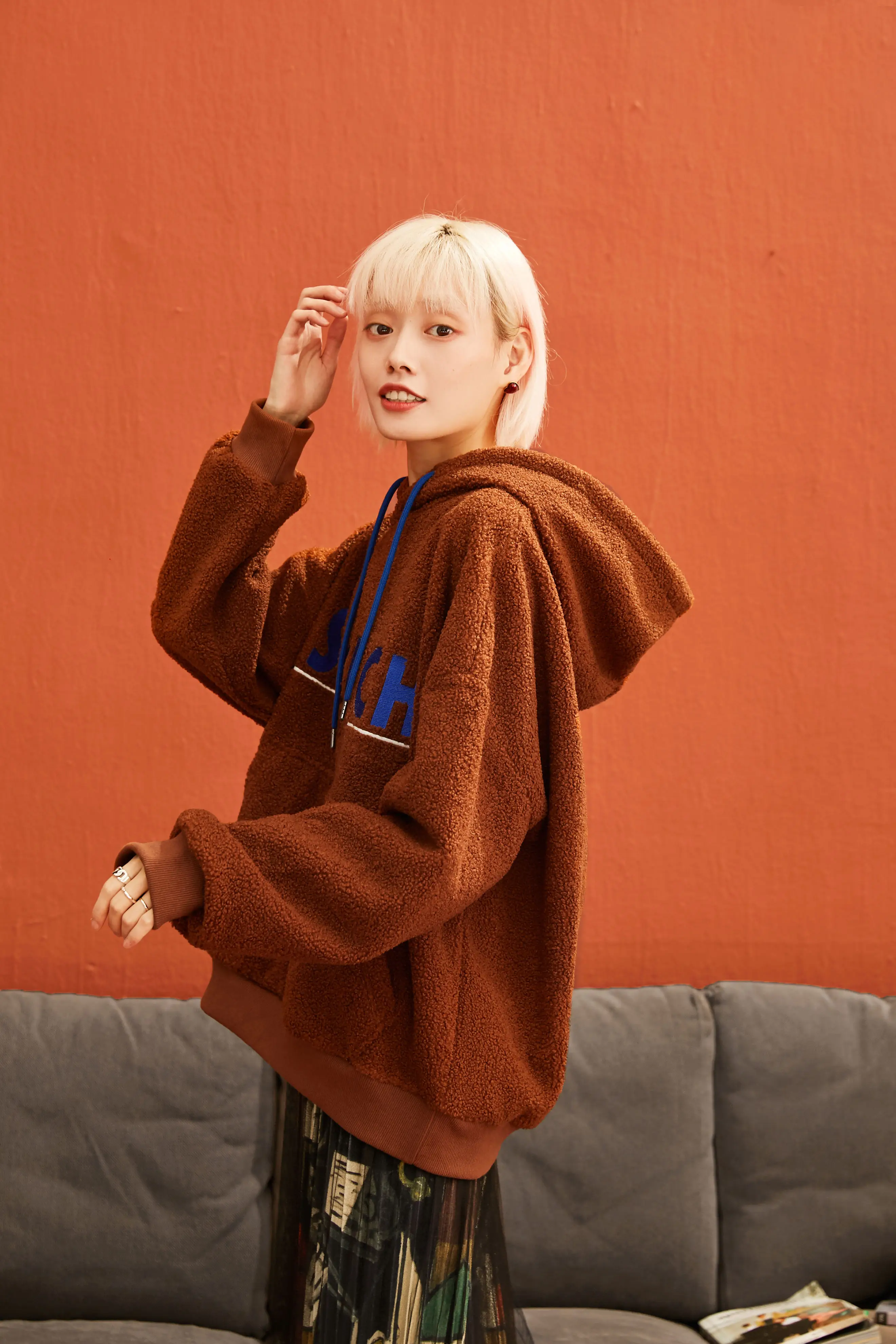 SAM'S TREE Solid Teddy Lazy Letter Embroidery Hoodies Sweatshirt Women Autumn Straight Long Sleeve Casual Female Daily Tops