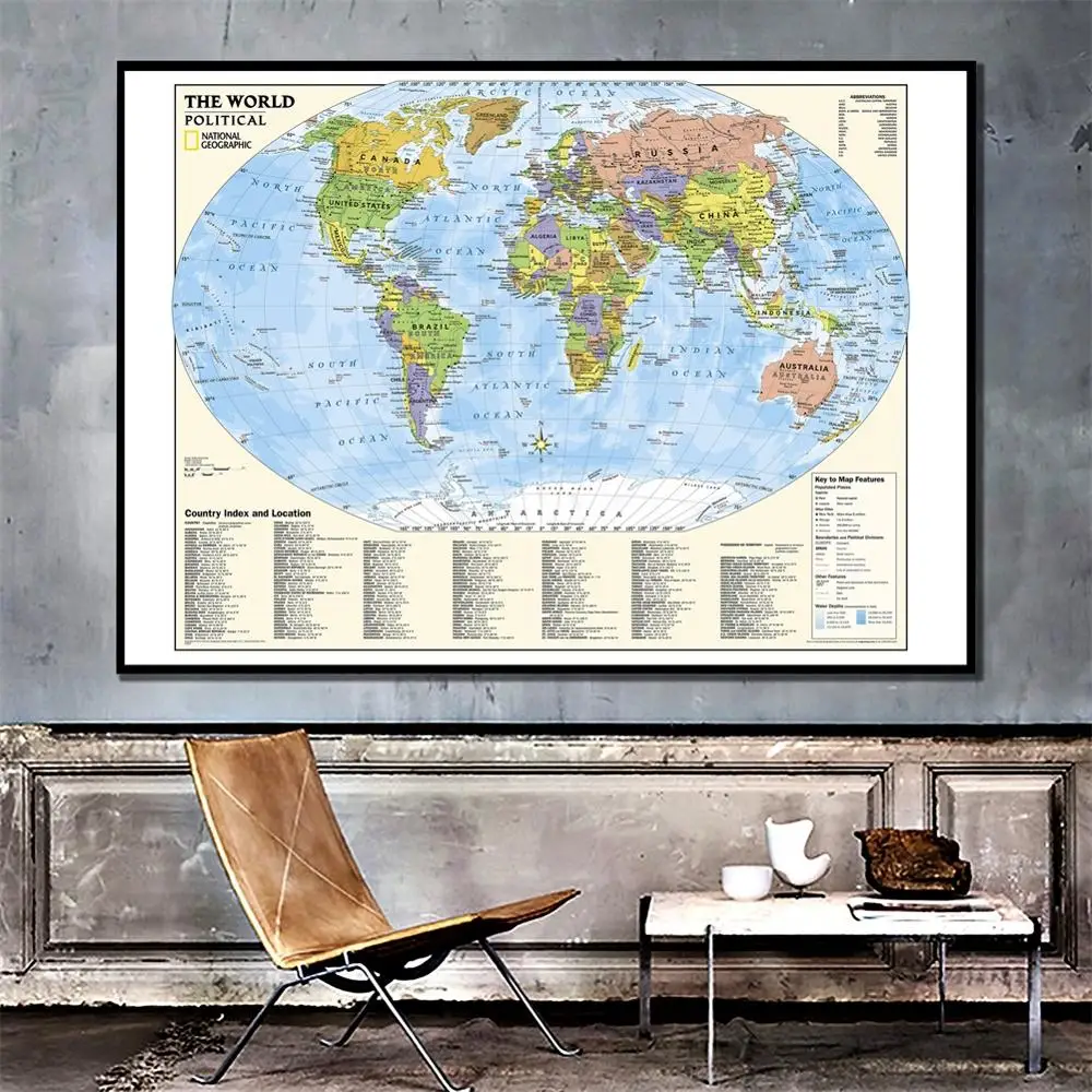 

24x36 inches The World Political Map With Country Index And Location Fine Canvas Painting For Wall Decoration