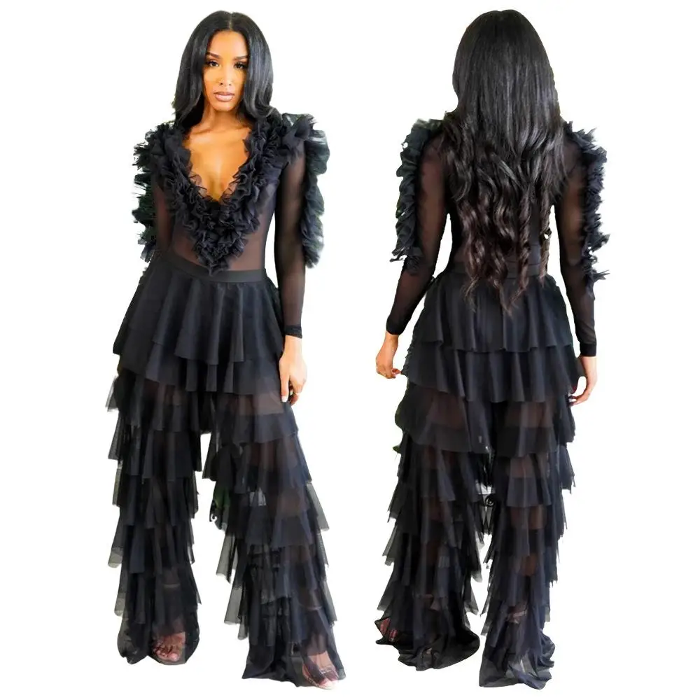 

2021 Autumn Women's Temperament Fashion Casual All-Match Sexy See-Through Mesh Top V-Neck Cake Pants Two-Piece Set with Wood Ear