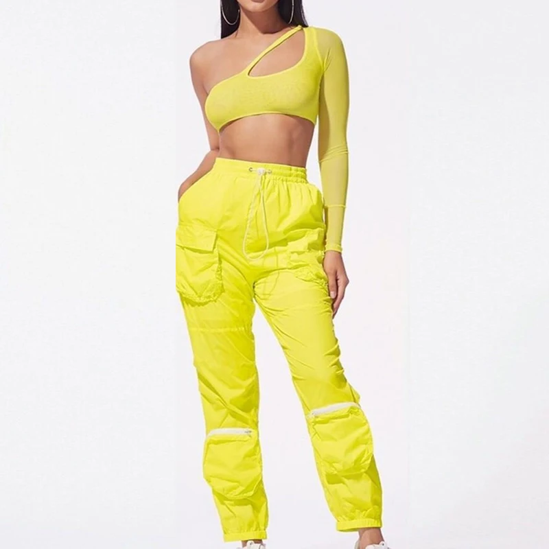 

Organ Pocket Patchwork Pants Two Piece Outfits One Full Sleeveless Hollow Out Crop Top Trousers Black Streetwear 2019 Club Sets