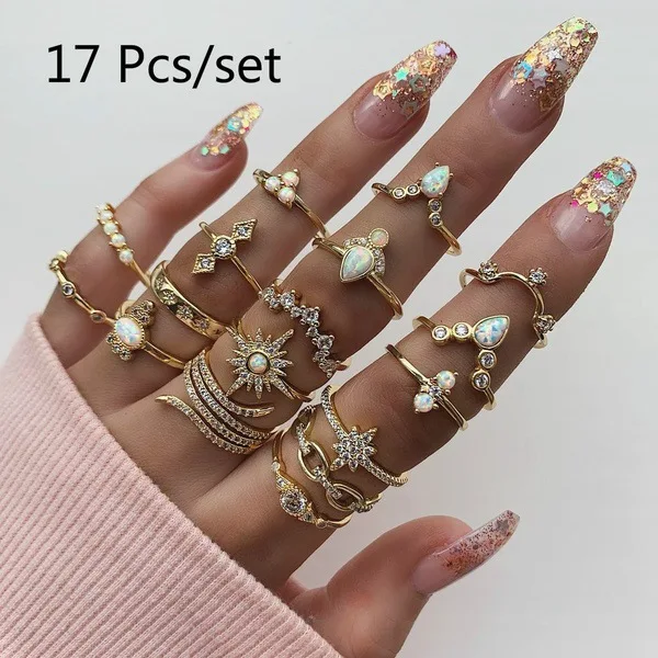 

2019 New Trendy Bohemia Style Crystal Designer Gold Ring 17 Pc/set 17 In 1 Multicolor Stone Anniversary Rings for Women Jewelry