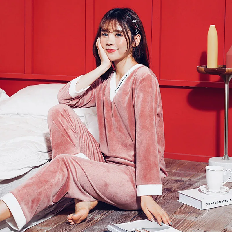 

Autumn and winter women pajamas strap flannel sleepwear 2 pieces sexy warm pajamas set long sleeve and pants home service suit