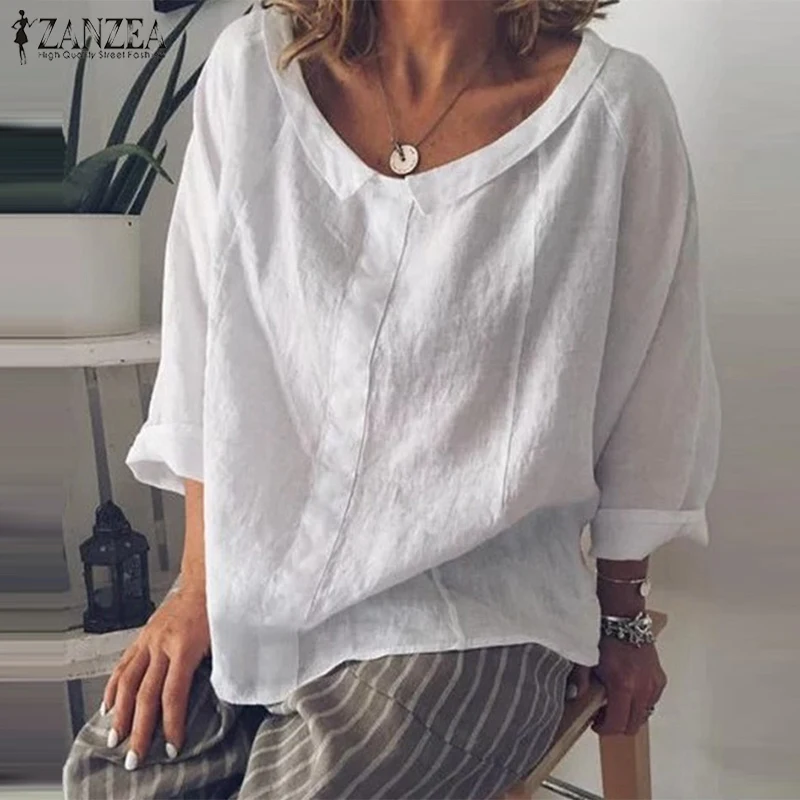 Beste 2019 Zanzea Casual Tops Vrouwen Zomer Tuniek Vintage Linnen Blouse Vrouwelijke Revers Werk Blusas Elegante Vrouwelijke Lange Mouwen 5XL