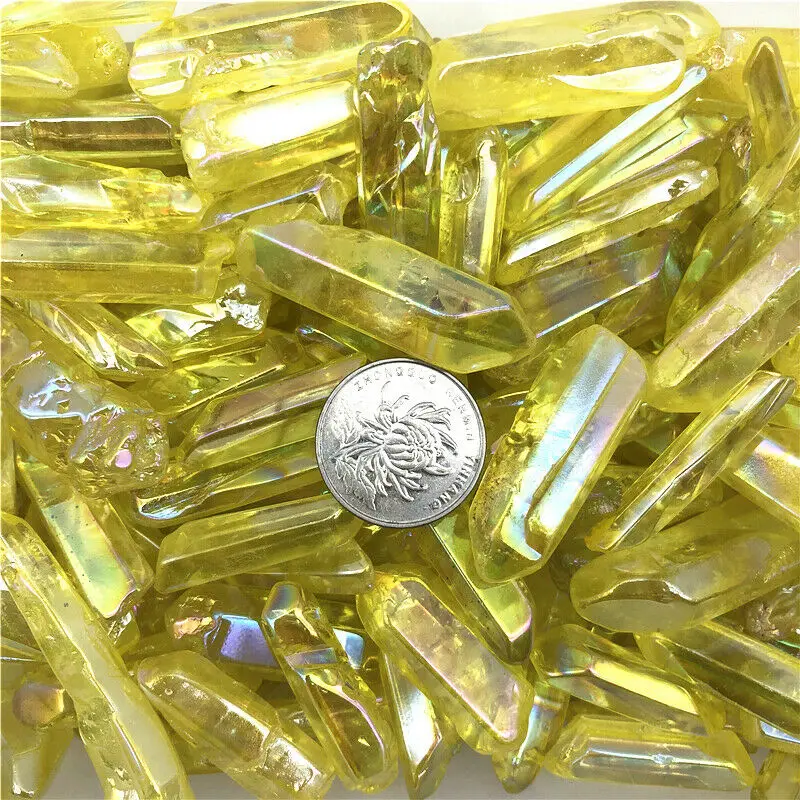 50 г Гальванизированный желтый титановый камень Aura Lemurian Crystal Wand Point Healing Stone Decor