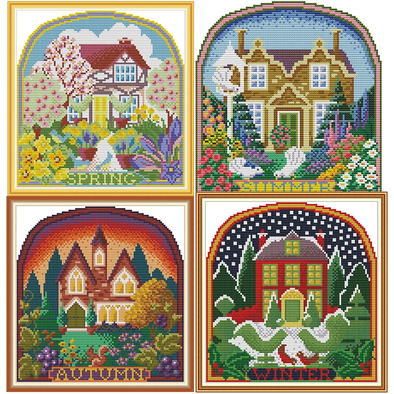 

New Style Joy Sunday Printed Cloth Cross Stitch four seasons cottage Sitting Room Embroidery DIY Handmade Classic Decoration