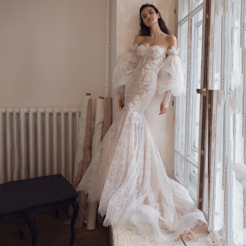 

New Arrival Mermaid Lace Bridal Wedding Dresses Champagne Sweetheart Off Shoulder Long Sleeves Wedding Gown for Bride Bow Belt