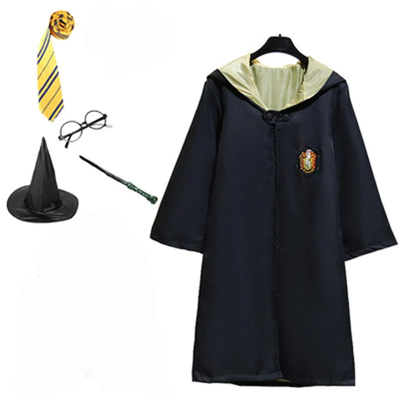 Халат накидка плащ с галстуком шарф палочка Поттер очки Ravenclaw Gryffindor Hufflepuff костюм Слизерин для взрослых Поттер новая одежда - Цвет: Hufflepuff full Set