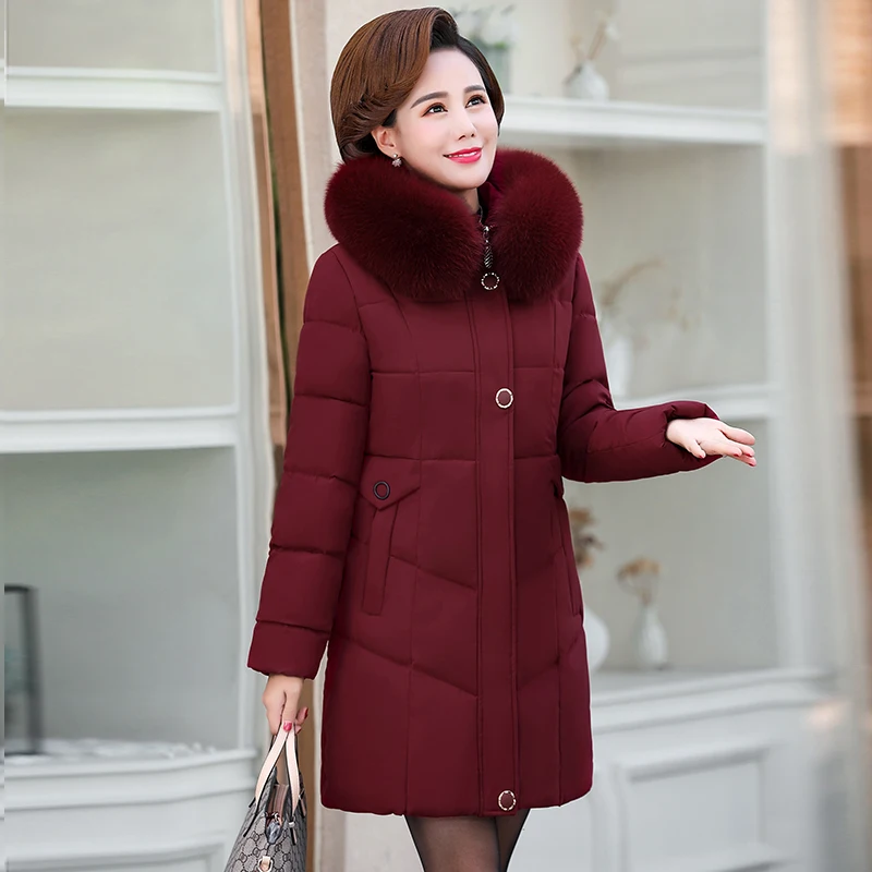 Зимняя куртка размера плюс 5XL, Женская парка с капюшоном, меховой воротник, высокое качество, тонкий женский пуховик для среднего возраста, хлопковая куртка, зимнее пальто - Цвет: Красный