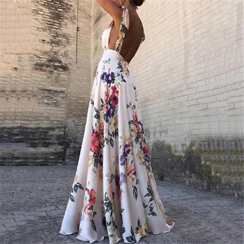

Women Boho Floral Printed Floor Length Maxi Dress Lady Summer Holiday Casual Sleeveless V Neck Fit and Flare Beach Long Dress