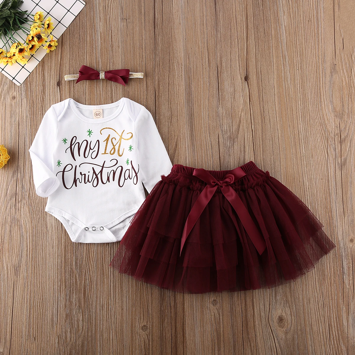 Коллекция года, комплекты для новорожденных «My 1st Christmas» милые Боди принцессы с длинными рукавами для маленьких девочек+ юбка-пачка в сеточку+ повязка на голову, комплект из 3 предметов