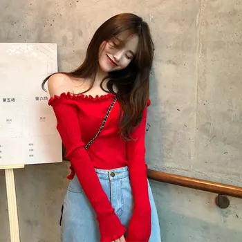 

Thin Long Sleeve Knit Slim Fit Off Shoulder Spring Fashion Autumn Daily Solid Casual Women Sweater