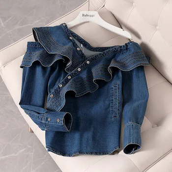 

Retro Port Style Denim Shirt Female Autumn 2019 New Long Sleeve Lotus Leaf Edge Shoulderless Design Jean Blouse Lady Sexy Tops