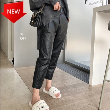 

2020 Fashion Real Genuine Sheep Leather Crop Jeans Harem Pants Women Pants 100% Genuine Sheep Leather