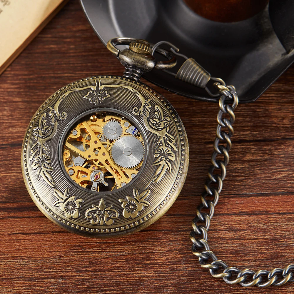 Brand Retro Bronze Men's Mechanical Pocket Watch Case Pattern Engraved Hollow Digital Dial Ladies Wristwatch Best Gift Fob Chain