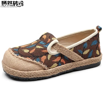 

2020 Spring Women Flat Shoes Thai Boho Cotton Linen National Handmade Woven Round Toe Flats Leaf Embroidered Shoes Zapatos