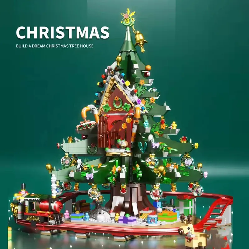 

2021 New Christmas Tree Gingerbread House Bell Decoration Santa Friends Winter Village Train Building Blocks Santa Toys Kid Gift
