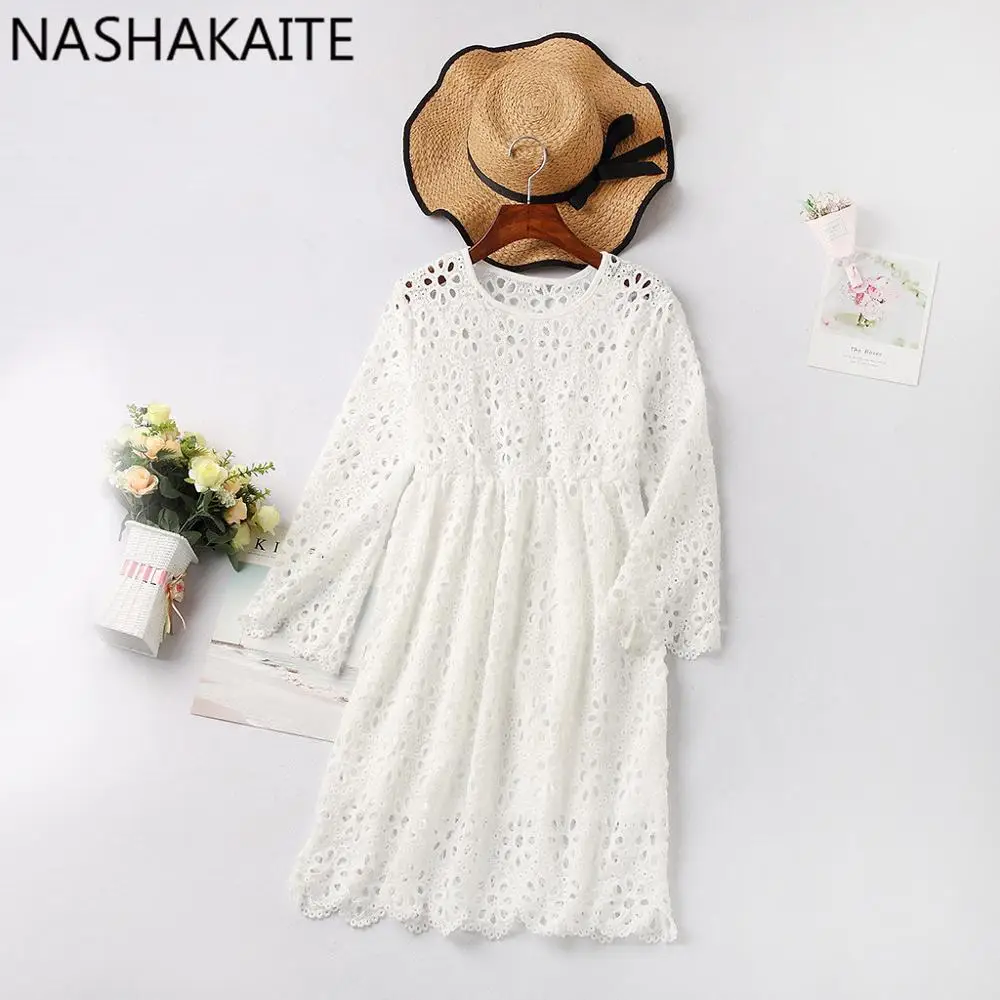 Платья для мамы и дочки NASHAKAITE Осеннее кружевное мини платье с рюшами рукавом три