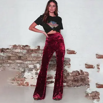 

Womens High Waist Velvet Pants New Fashion Lady Long Flare Pants Bell Bottom Stretch Vogue High Street Autumn Winter Trousers