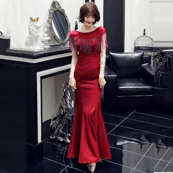 

Skyyue Mermaid Long Evening Dresses FR294 Short Sleeve Women Party Dress Sparkling Tassel Formal Gowns O-Neck Elegant Vestido