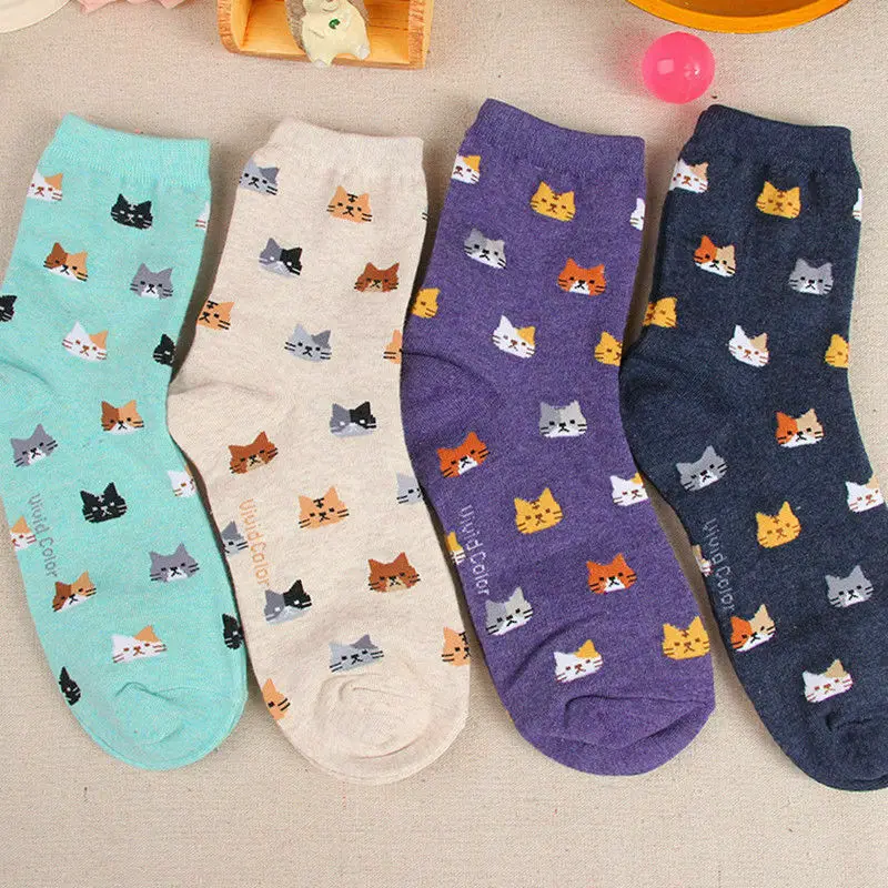 Модные теплые женские милые носки с изображением кота, хлопковые носки с изображением мультяшных животных, 5 цветов, 1 пара, одежда на весну и осень