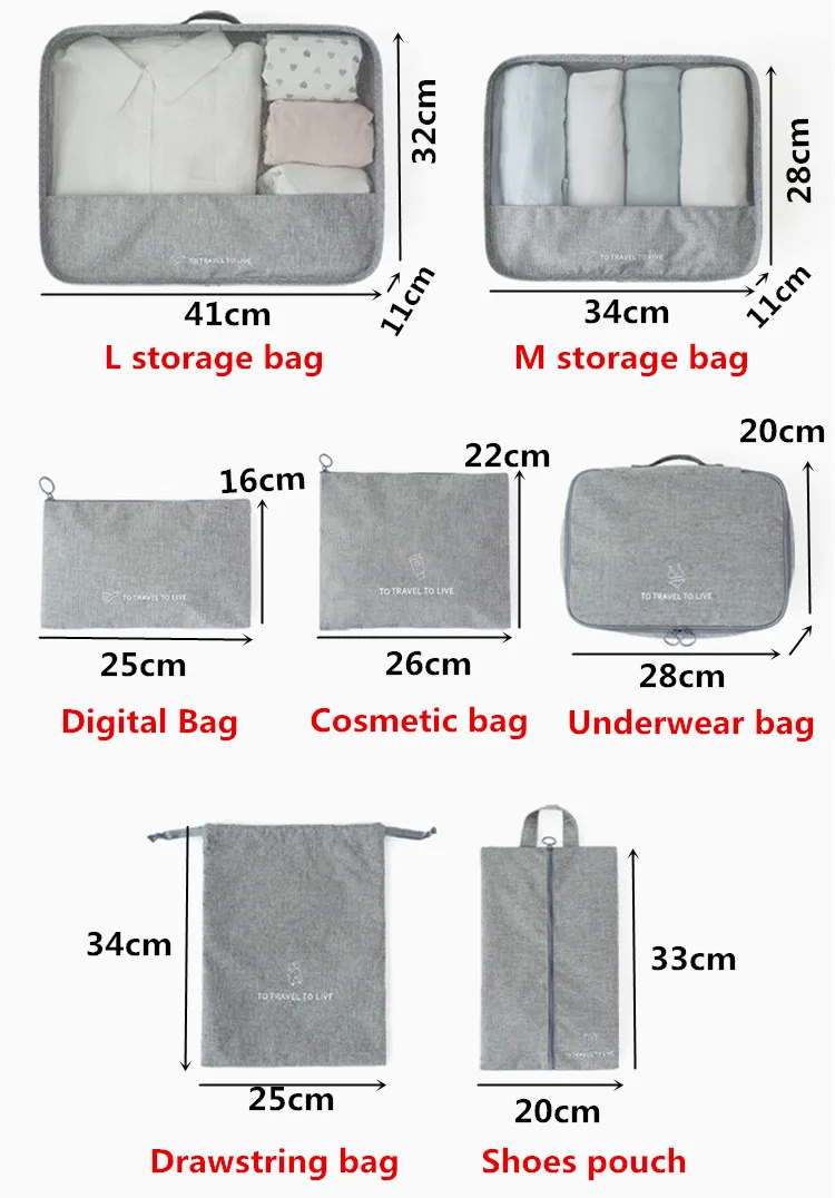 7 шт./компл. куб для упаковки набор дорожных сумок Мужская и Женская одежда Нижнее белье обувь Косметика сортировочный Органайзер Сумка багажная сумка аксессуар