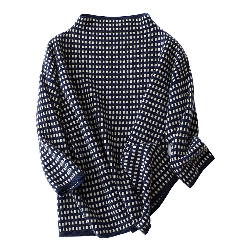 US $157.50 autumn winter new style cozy women casual grid sweater oversized quality fashion 100 cashmere turtleneck sweaters
