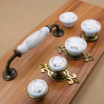 

New Golden Ring Printing White Ceramic Cupboard Drawer Knobs 1011 Handles For Door Cabinet Handles With Screws Handles