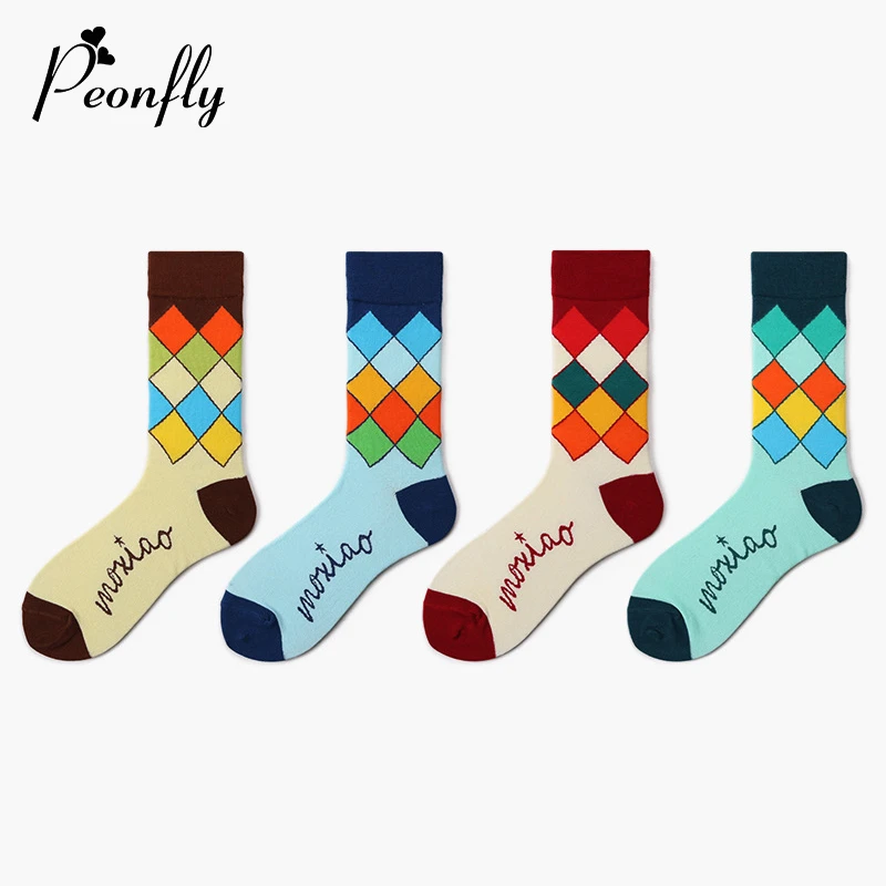 

PEONFLY Harajuku Style Trend Socks Men Colorful Plaid Pattern Funny Socks Casual Geometric Men Hip Hop Cotton Happy Socks
