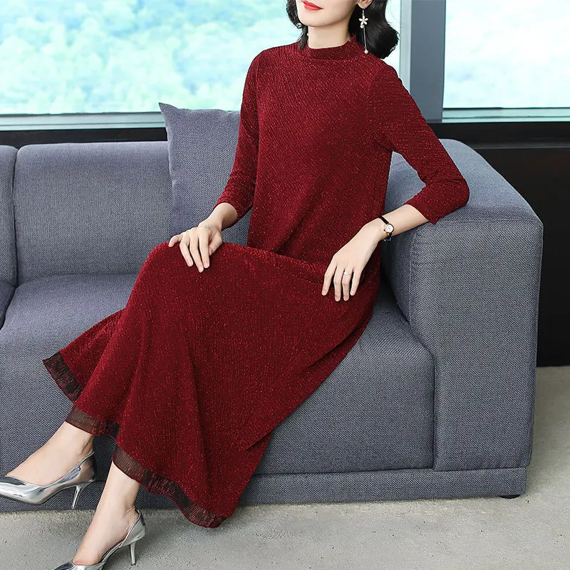 

2019 Autumn New Style WOMEN'S Dress Loose-Fit Slimming Ladies' Elegant Mid-length Crew Neck Long Sleeve Gold Velvet Dress