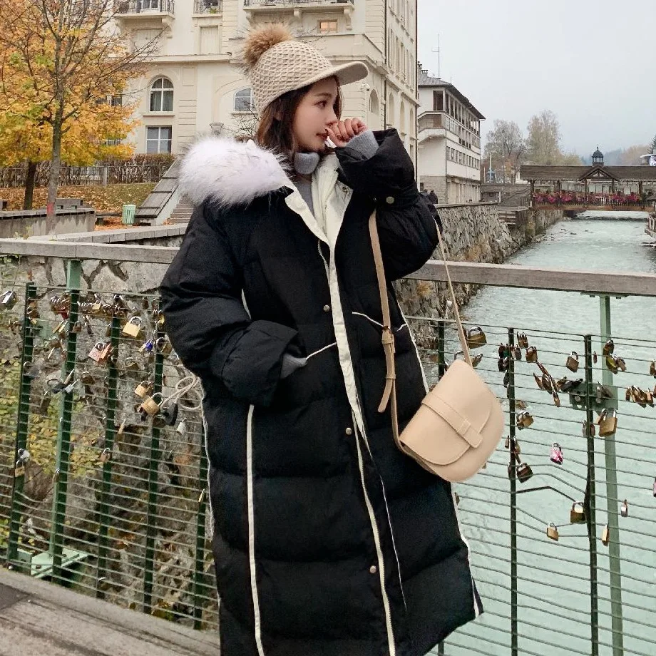 

2019 off Season New Style Bell Sleeve Long down Coat Hooded Large Fur Collar Contrast Color Selvage Korean-style Cotton Overcoat