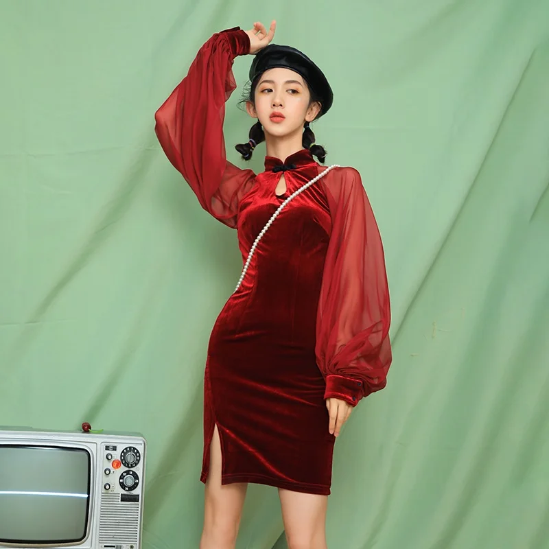 Японский Harajuku Винтаж Готический платья черный тонкий китайский Cheongsam Сторона Сплит Косплей Костюмы Лолита Velevt платье FF2281 - Цвет: 1