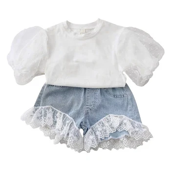

2020 Girls Clothing Set Girls Clothes Set Lovely Puff Sleeve Toddler Girl White Tops + Denim Shorts Girls Suit Kids Clothes