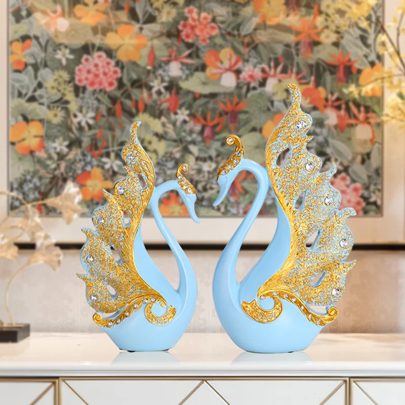A Pair Golden Swan Sculpture Statue Living Room TV Cabinet Ornaments Wedding Gift for Friends Lovers Home Decoration Accessories