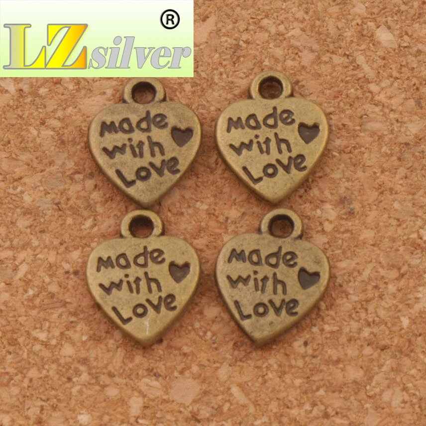 Made With Love Heart Charm Beads 300pcs zinc alloy Bronze Pendants 9.7x12.5mm Jewelry DIY L319