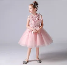 Luxury Princess Dress Children's Fluffy Yarn Birthday Dress Girls Host Model Catwalk Stage Clothes Pink For Wedding Birthday