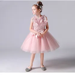 Luxury Princess Dress Children's Fluffy Yarn Birthday Dress Girls Host Model Catwalk Stage Clothes Pink For Wedding Birthday