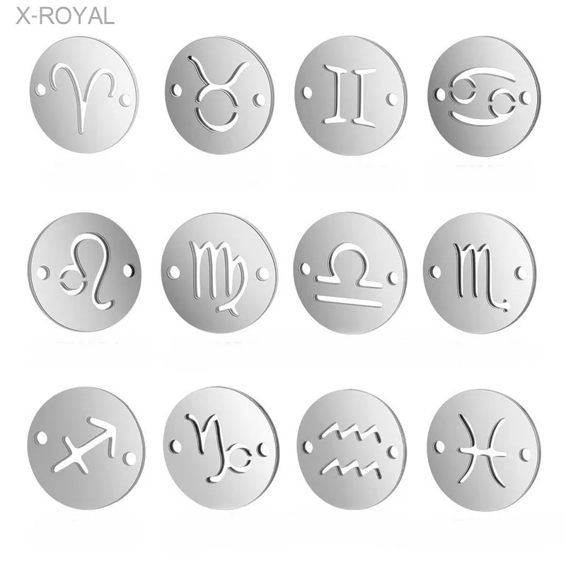 

X-ROYAL 10Pcs/lot 12*12mm Round Double Hole Charm Connectors Stainless Steel Twelve Constellations Zodiac DIY Pendants Findings