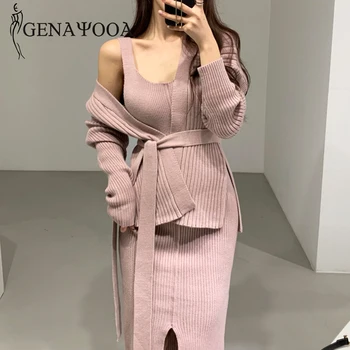 

Genayooa Ladies Winter Knitted Suits Bodycon Sexy 2 Piece Sets Womens Outfits Long Sleeve Elegant Two Piece Suit Knit Vest Dress