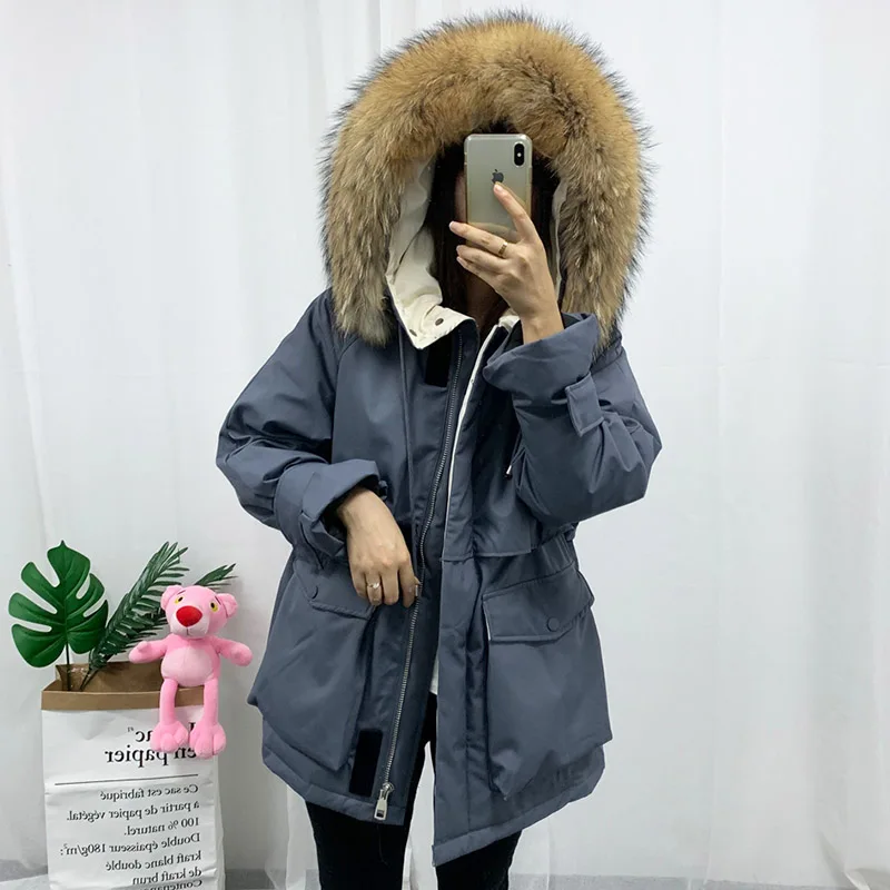 FTLZZ, новинка, натуральный мех, с капюшоном, зимняя, для женщин, белая, утиный пух, куртка, для снега, толстые парки, теплое пальто, водонепроницаемый, пуховик