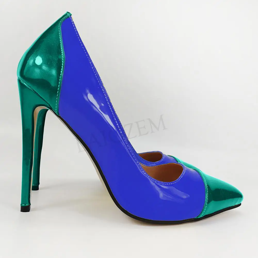 Green-Blue LAIGZEM/цветные женские туфли-лодочки на каблуке, 4 сезона классические модельные туфли из лакированной кожи на шпильке без застежки Tacones Zapatos; большие размеры 38, 45, 47 - Цвет: Green-Blue