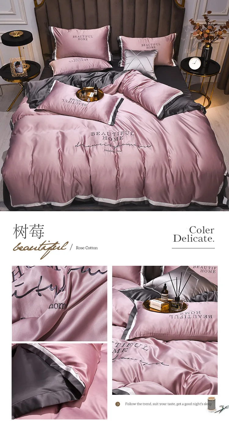 Luxury Bedding Sets Pink Grey White Rayon Embroidery Sheet Quilt Pillowcase Comfortable Soft Fluffy Bedding King Queen 4pcs