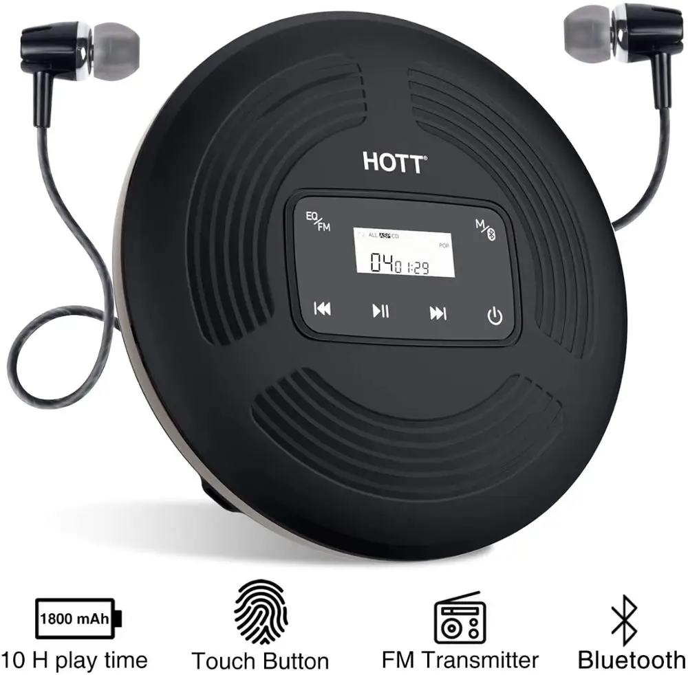 

HOTT Rechargeable Bluetooth 5.0 Portable CD Player with FM Transmitter,Touch Button and Backlight Display Portable Music Player