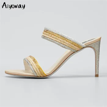 

Aiyoway Bling Summer Women Slippers Sexy Peep Toe Thin High Heels Silver Slip On Sandals Party Dress Fashion Ladies Shoes