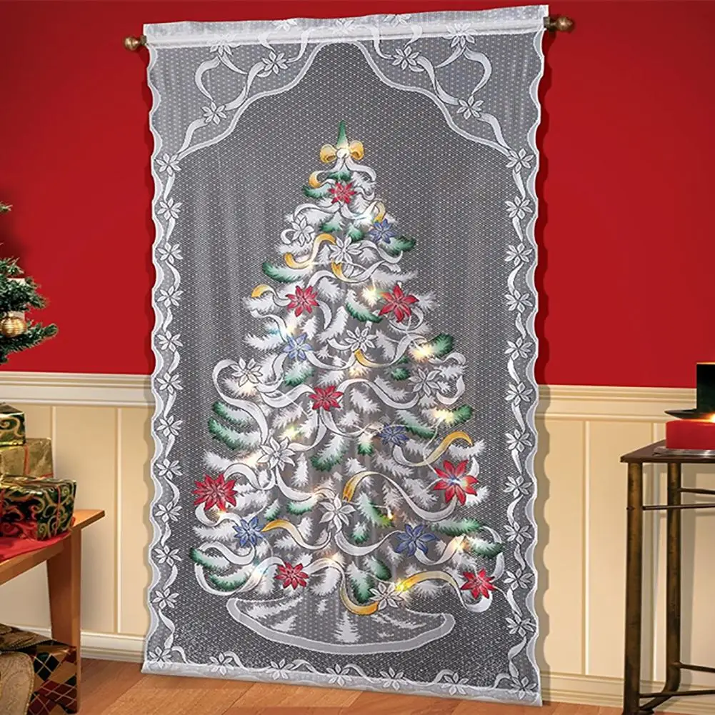 

LED Light Christmas Curtain Christmas Tree Lace Curtain Semi-shading Window Drape Through The Rod Home Xmas Decor Curtain