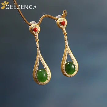 

925 Sterling Silver Gold-plated Gemstone Stud Earrings Green Jade Jasper Zircon Agate Earrings Fine Jewelry Women Vintage Trendy