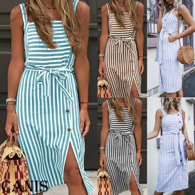 

Womens Linen Dress Tropical Summer Sleeveless Casual and Loose Striped Beach Long Midi Dresses Swing Beach Sundress