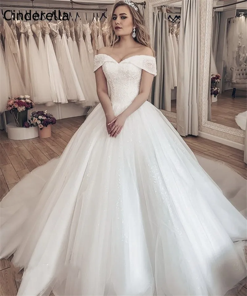 Cinderella Hand Made V-Neck Off The Shoulder A-Line Soft Tulle Crystal  Beading Royal Train Wedding Dresses vestido de noiva - AliExpress